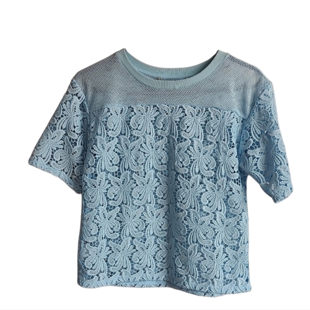 Loft Y2K Blue Sheer Lace Blossoms Short Sleeve Tee Cottagecore
